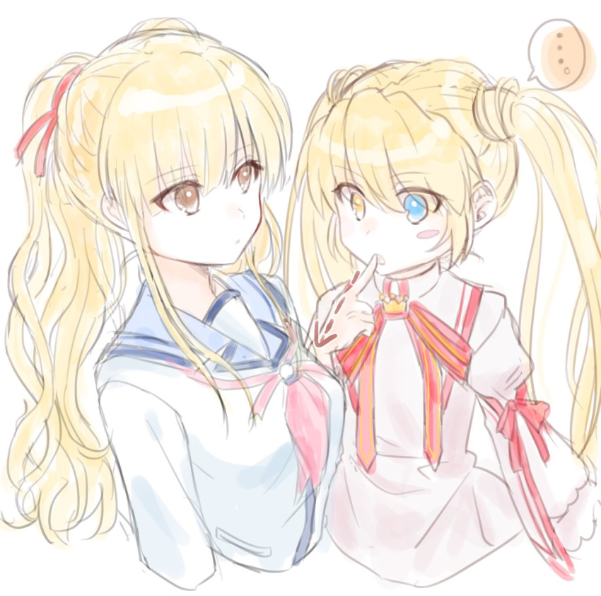 ... 2girls angel_beats! arrow_(symbol) blonde_hair blue_eyes blue_sailor_collar blunt_bangs blush_stickers breast_envy breasts brown_eyes choker color_connection commentary_request company_connection crossover eyelashes eyes_visible_through_hair finger_to_mouth hair_between_eyes hair_color_connection hair_ribbon hairstyle_connection hand_up heterochromia highres index_finger_raised juliet_sleeves kazamatsuri_institute_high_school_uniform key_(company) long_hair long_sleeves look-alike looking_at_breasts medium_breasts multiple_girls nakatsu_shizuru neck_ribbon neckerchief open_mouth pink_neckerchief puffy_sleeves red_ribbon rewrite ribbon ribbon-trimmed_sleeves ribbon_trim sailor_collar school_uniform shinda_sekai_sensen_uniform shirt sidelocks simple_background sketch small_breasts speech_bubble spoken_ellipsis twintails upper_body white_background white_shirt wide_sleeves yellow_eyes yusa_(angel_beats!) zuzuhashi