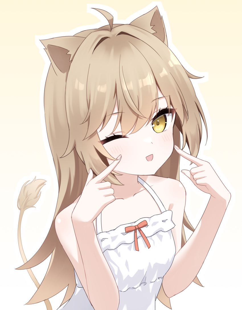 1girl :d absurdres ahoge animal_ears bare_arms bare_shoulders blush breasts brown_hair collarbone commentary_request crossed_bangs double-parted_bangs dress gradient_background halterneck hands_up highres indie_virtual_youtuber lion_ears lion_girl lion_tail looking_at_viewer one_eye_closed orange_ribbon outline ribbon rurudo_lion seika_(eevz2274) smile solo sundress tail upper_body virtual_youtuber white_dress white_outline yellow_background yellow_eyes