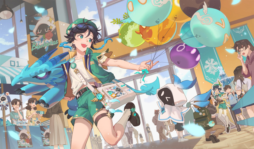 1boy absurdres adapted_costume aqua_eyes bag balloon barbatos_(genshin_impact) belt beret black_belt black_hair blue_hair braid brown_footwear dvalin_(genshin_impact) fridaynightcat genshin_impact gradient_hair green_headwear green_jacket green_shorts hat highres jacket loafers male_focus mall multicolored_hair open_clothes open_jacket open_mouth shirt shoes short_hair_with_long_locks shorts shoulder_bag slime_(genshin_impact) smile socks solo_focus standing standing_on_one_leg stuffed_animal stuffed_dragon stuffed_toy twin_braids venti_(genshin_impact) white_bag white_shirt white_socks