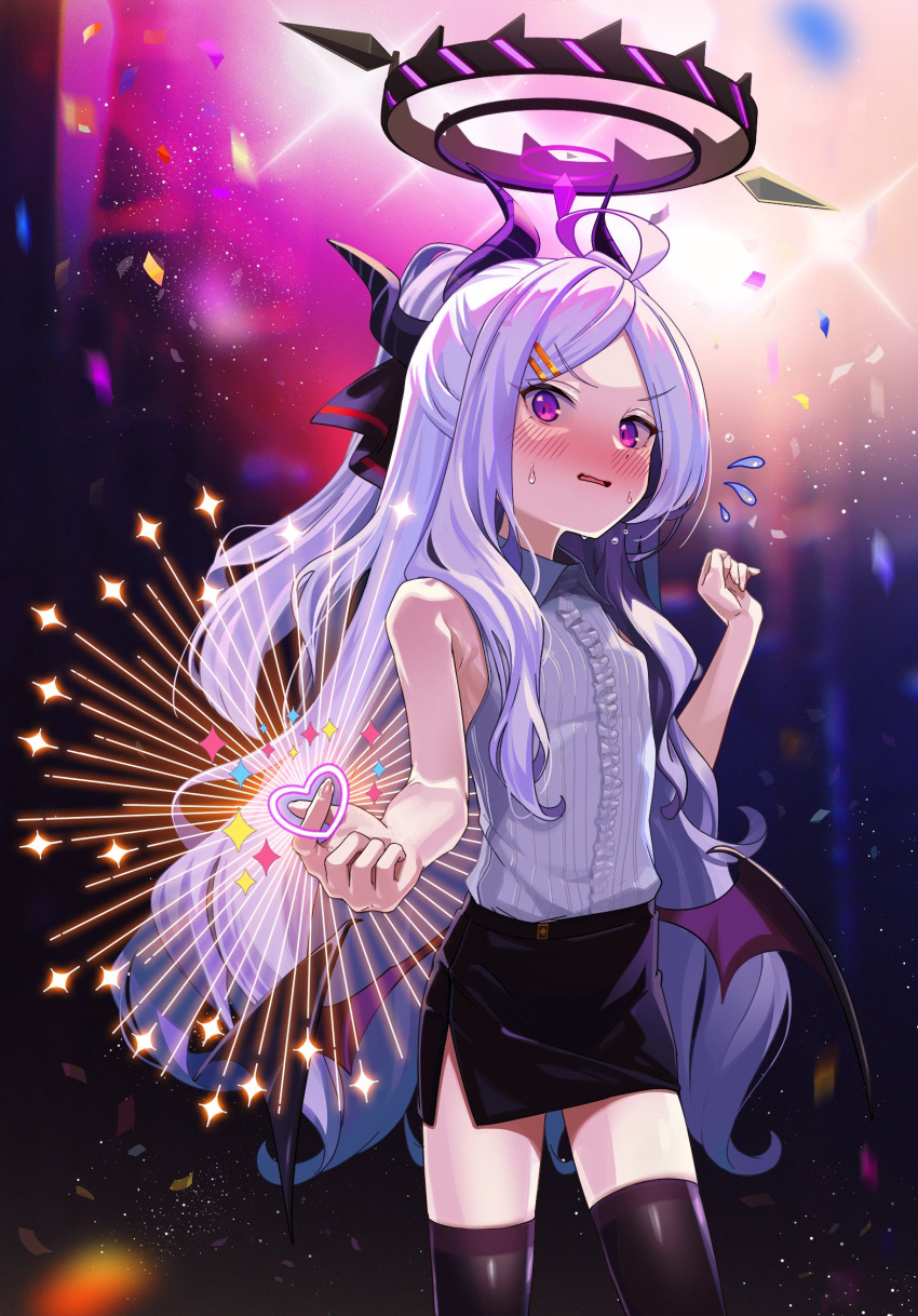 1girl bat_wings black_wings blue_archive blush breasts confetti demon_horns hair_ornament hairclip halo highres hina_(blue_archive) horns long_hair low_wings skirt small_breasts suppa_(hagakuresuppa) thigh-highs violet_eyes white_hair wings zettai_ryouiki