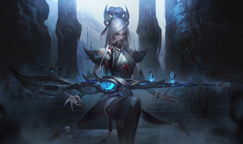 1girl alex_flores asymmetrical_bangs bare_shoulders black_thighhighs blue_eyes bracelet breasts caitlyn_(league_of_legends) closed_mouth dress english_commentary fingernails fog fur_trim glowing glowing_eye glowing_weapon gun hair_bun hair_ornament highres jewelry large_breasts league_of_legends light long_hair looking_at_viewer mountain necklace official_art outdoors pale_skin pearl_bracelet pearl_necklace serious sharp_fingernails sidelocks single_hair_bun sky snow_moon_caitlyn solo stairs standing standing_on_one_leg statue thigh-highs weapon white_hair