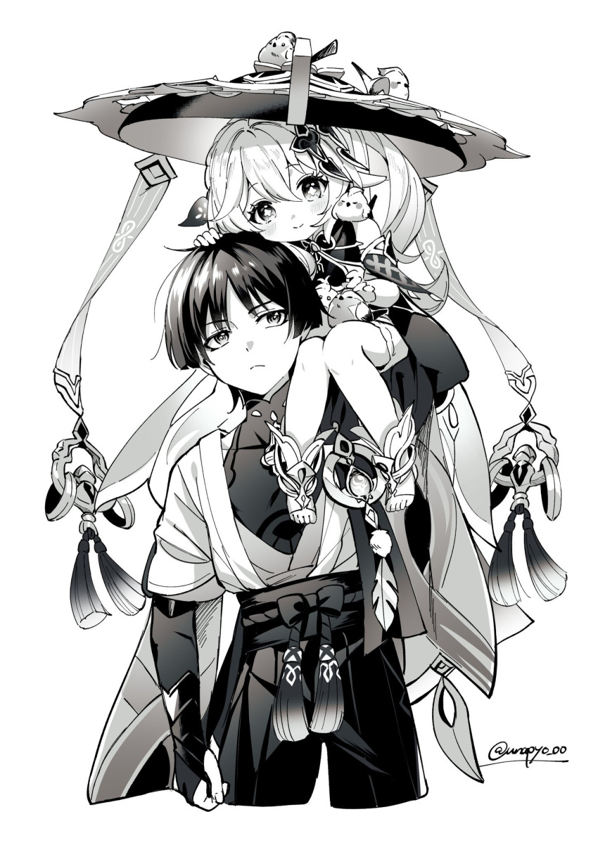 1boy 1girl animal_on_head animal_on_shoulder armor bird bird_on_head bird_on_shoulder blush carrying closed_mouth cropped_legs dress genshin_impact greyscale hair_between_eyes hair_ornament hat highres japanese_armor japanese_clothes jingasa kote long_hair looking_at_viewer mandarin_collar monochrome nahida_(genshin_impact) on_head pointy_ears scaramouche_(genshin_impact) shoulder_carry side_ponytail simple_background sitting_on_shoulder tassel twitter_username unapoppo vision_(genshin_impact) wanderer_(genshin_impact)