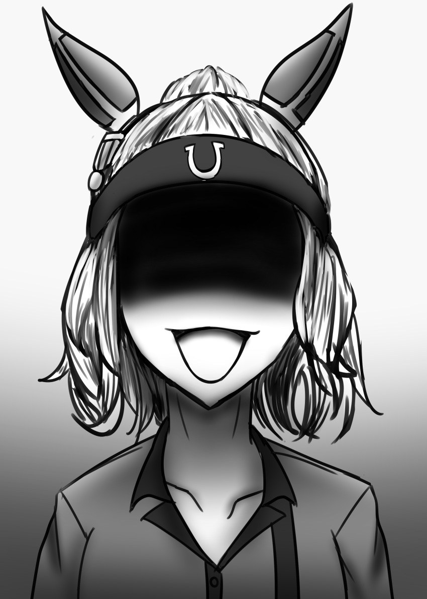 1girl absurdres animal_ears facing_viewer gradient_background greyscale hair_ornament highres horse_ears horse_girl horseshoe monochrome nobu_(sfam7588) open_mouth portrait run_to_the_top_(umamusume) shaded_face solo tagme umamusume umamusume:_cinderella_gray upper_body