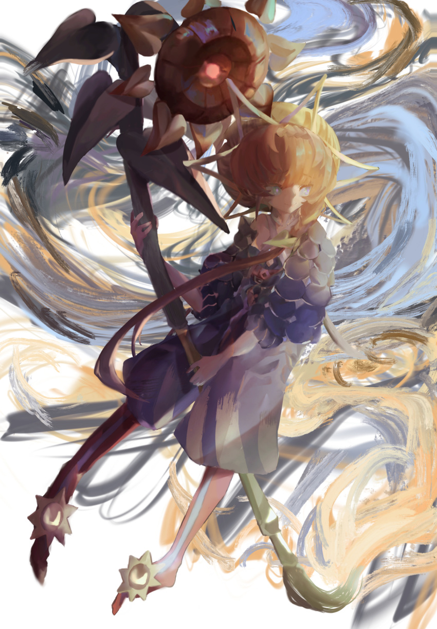 1girl abstract_background blue_eyes blue_overalls braid brush_stroke chaosky crown_braid fate/grand_order fate_(series) flower full_body hat highres long_hair looking_to_the_side orange_hair overall_shorts overalls oversized_flower side_braid smile solo straw_hat sunflower van_gogh_(fate)