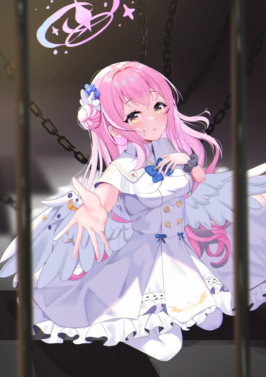 1girl absurdres blue_archive blue_bow blurry blurry_background blush bow breasts capelet chain chained closed_mouth commentary_request dress eternal1223 feathers frilled_dress frills hair_bun halo hand_on_own_chest highres long_hair looking_at_viewer low_wings medium_breasts mika_(blue_archive) pantyhose pink_hair pink_halo reaching reaching_towards_viewer scrunchie seiza single_hair_bun sitting solo tearing_up white_capelet white_dress white_pantyhose white_wings wings wrist_scrunchie yellow_eyes