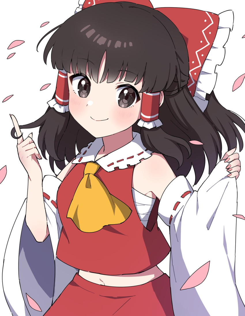 1girl ascot bare_shoulders black_eyes black_hair blush bow closed_mouth detached_sleeves fingernails hair_bow hair_tubes hakurei_reimu highres japanese_clothes long_hair looking_at_viewer miz_(mizillustration) navel nontraditional_miko petals red_bow red_skirt ribbon-trimmed_sleeves ribbon_trim sarashi sidelocks simple_background skirt smile solo touhou upper_body white_background white_sleeves wide_sleeves yellow_ascot
