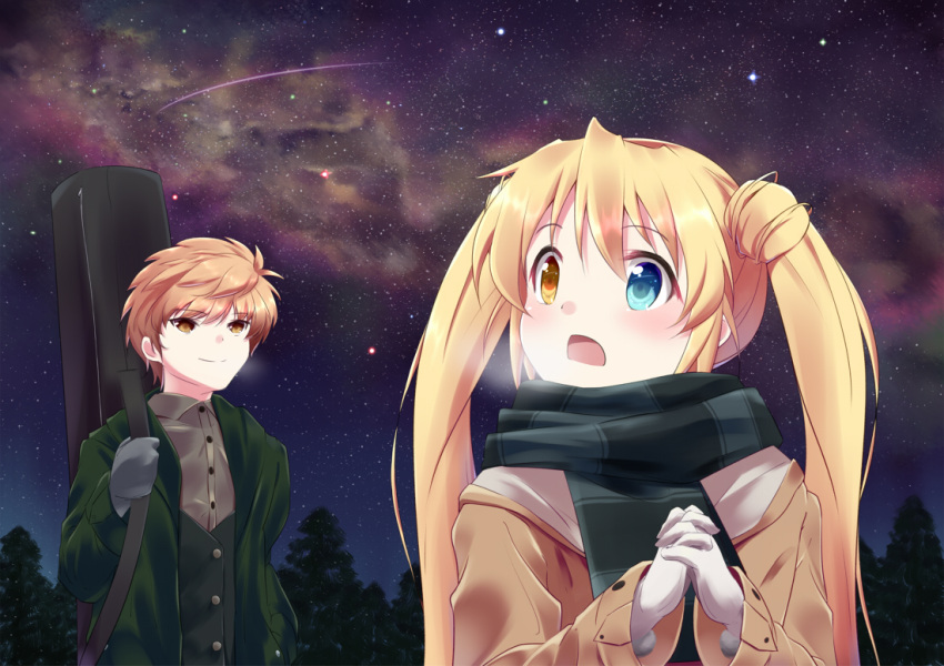 1boy 1girl aurora blonde_hair blue_eyes blush brown_coat casual coat commentary_request d: eyelashes gloves green_coat green_scarf grey_gloves hair_between_eyes heterochromia interlocked_fingers long_hair long_sleeves looking_up nakatsu_shizuru night open_mouth orange_hair outdoors own_hands_together rewrite scarf shooting_star short_hair sky spiky_hair star_(sky) stargazing starry_sky surprised tagame_(tagamecat) tennouji_kotarou twintails upper_body visible_air white_gloves winter winter_clothes yellow_eyes