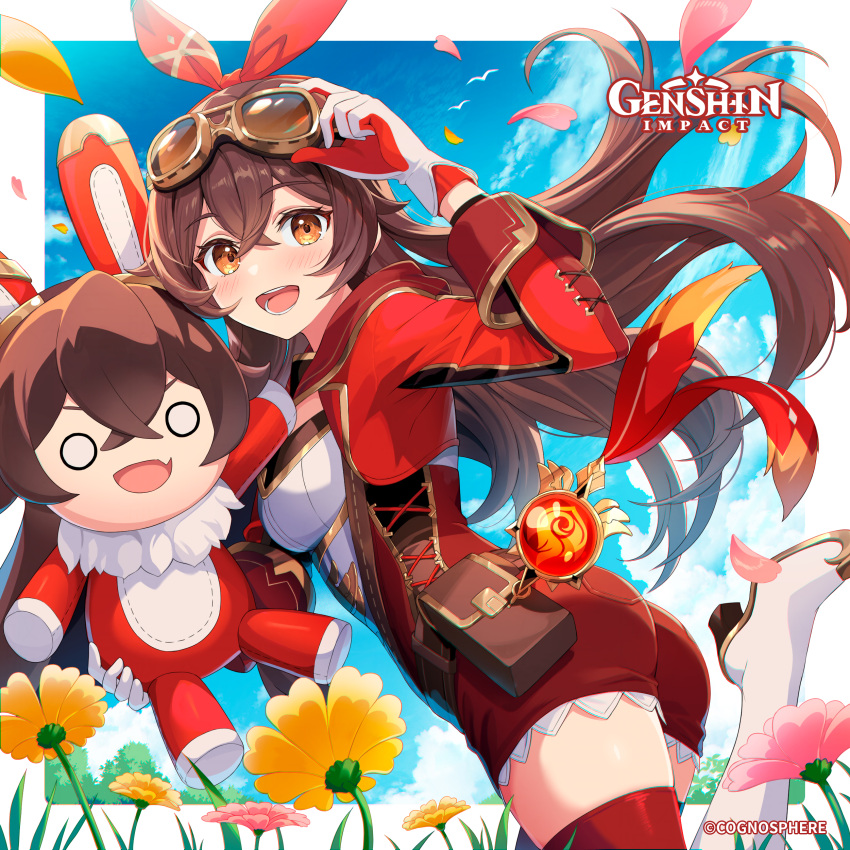 1girl absurdres amber_(100_outrider)_(genshin_impact) amber_(genshin_impact) ass baron_bunny_(genshin_impact) breasts brown_eyes brown_hair crossed_bangs flower genshin_impact gloves goggles goggles_around_neck goggles_on_head hair_between_eyes hair_ribbon hairband highres long_hair long_sleeves looking_at_viewer official_alternate_costume official_art open_mouth red_ribbon ribbon shorts smile stuffed_toy thigh-highs