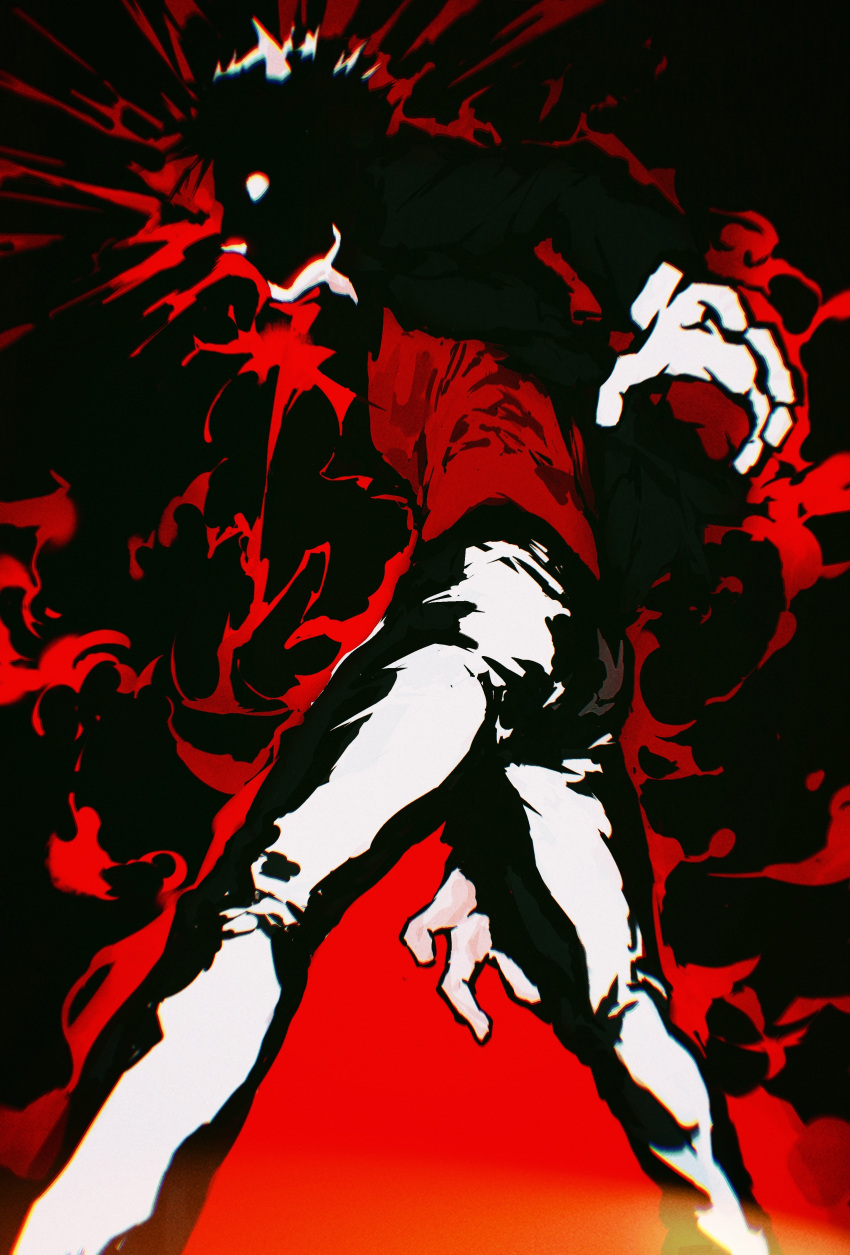1boy absurdres explosion face_in_shadow feet_out_of_frame from_below from_side glowing glowing_eyes highres jacket legs_apart long_sleeves male_focus mob_psycho_100 neige404 pants red_shirt red_theme shimazaki_ryo shirt short_hair smoke solo spiky_hair standing