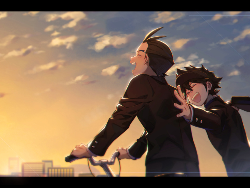 2boys :d ace_attorney antenna_hair apollo_justice black_hair black_jacket brown_hair buttons clay_terran closed_eyes clouds cloudy_sky fingernails gakuran hand_on_another's_back hi-fi_(fijazzy) jacket layered_sleeves letterboxed long_sleeves male_focus multiple_boys phoenix_wright:_ace_attorney_-_dual_destinies profile school_briefcase school_uniform short_hair sky smile spiky_hair sunset teeth upper_body upper_teeth_only visor_cap walking_bike