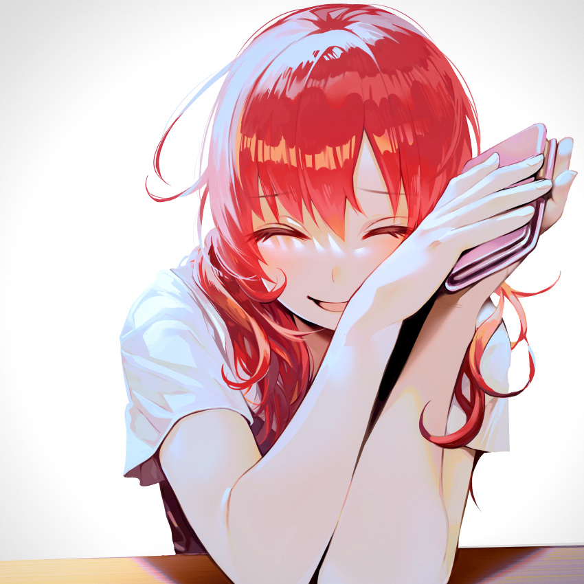 1girl absurdres closed_eyes commentary_request highres holding kanai_kanae kimi_ni_aisarete_itakatta open_mouth redhead shiori_(moechin) smartphone_case smile solo table upper_body