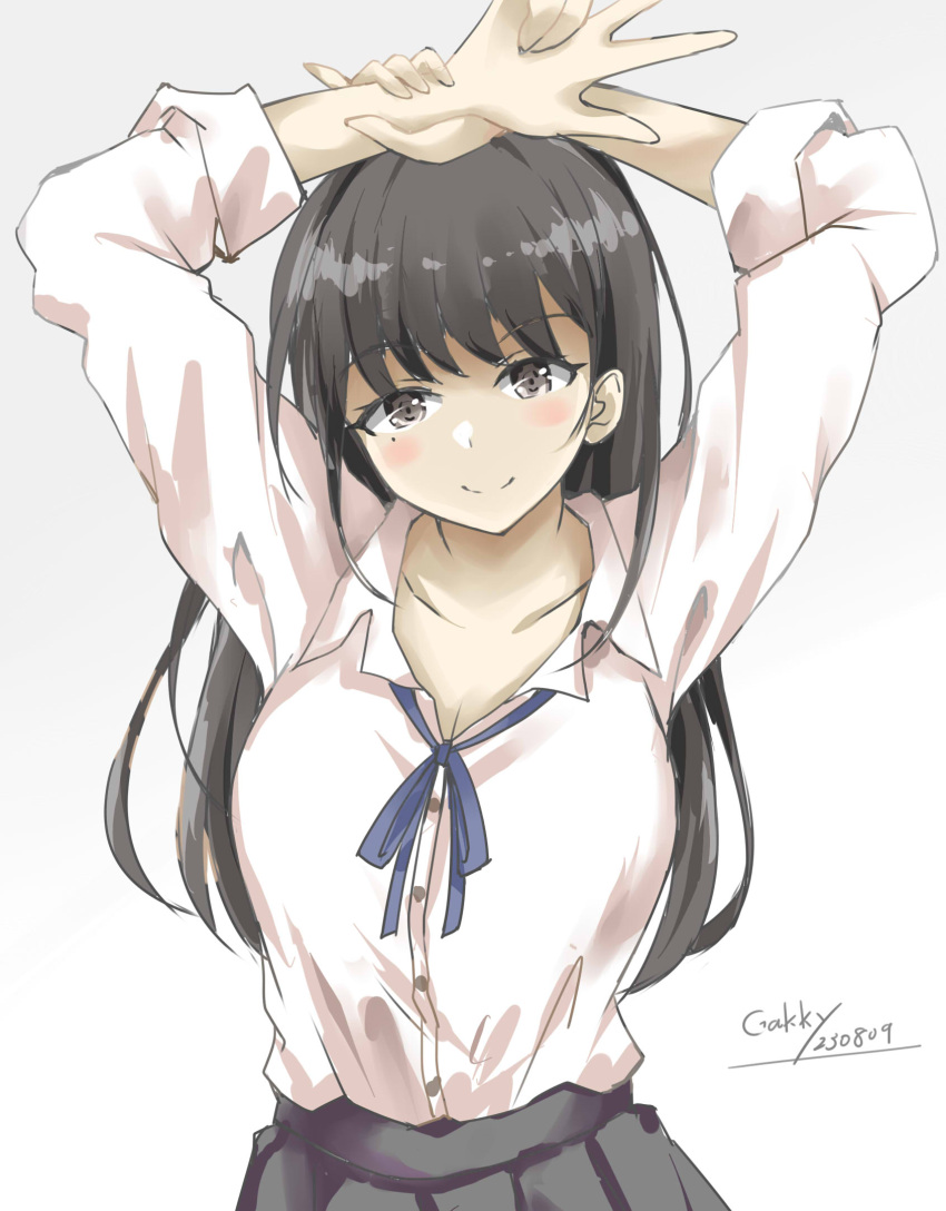 1girl alternate_costume arms_up artist_name black_hair collared_shirt commentary_request dress_shirt gakky gradient_background grey_background grey_eyes grey_skirt hayashio_(kancolle) highres kantai_collection long_hair long_sleeves mole mole_under_eye one-hour_drawing_challenge pleated_skirt school_uniform shirt skirt smile solo white_background white_shirt