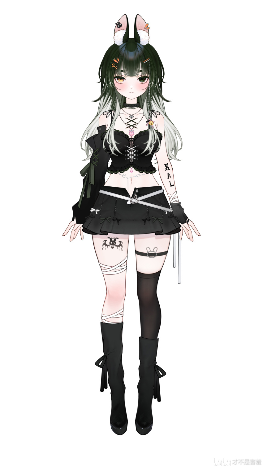 1girl :&lt; absurdres animal_ear_fluff animal_ears arm_tattoo bandage_on_thigh bandaged_wrist bandages bare_shoulders bell belt black_choker black_footwear black_gloves black_ribbon black_skirt black_sleeves black_thighhighs blush boots braided_sidelock breasts cai_bu_shi_haixiu carrot_earrings carrot_hair_ornament choker colored_tips detached_sleeves dollar_hair_ornament earrings facing_viewer fingerless_gloves food-themed_earrings food-themed_hair_ornament footwear_ribbon full_body gloves green_eyes green_hair hair_bell hair_ornament hairpin heterochromia highres indie_virtual_youtuber jewelry knee_boots leg_tattoo long_hair looking_at_viewer medium_breasts miniskirt multicolored_hair navel necklace o-ring o-ring_thigh_strap official_art rabbit_ears rabbit_o-ring ribbon shirt sidelocks single_detached_sleeve single_glove single_thighhigh skirt solo standing strapless strapless_shirt tachi-e tattoo thigh-highs thigh_strap transparent_background virtual_youtuber white_belt white_hair yellow_eyes