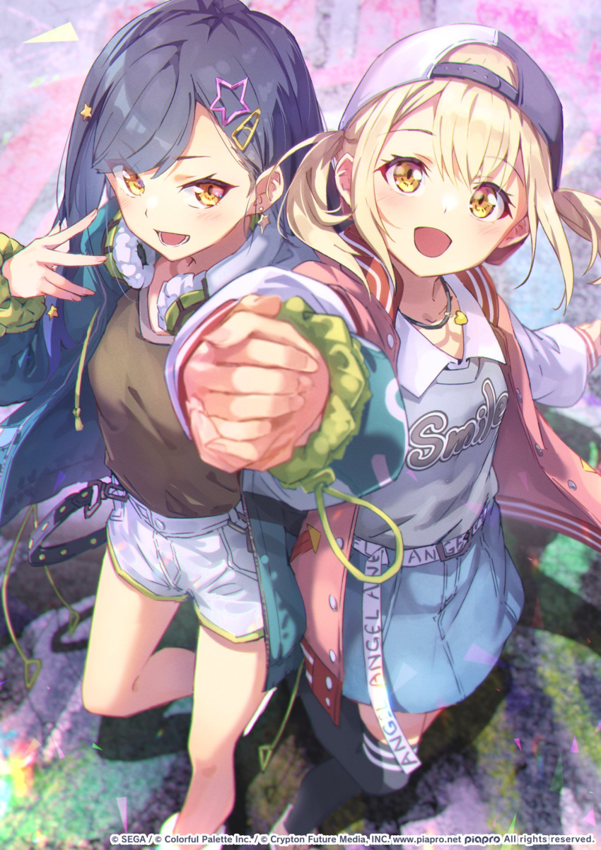 2girls azusawa_kohane backwards_hat baseball_cap belt black_hair black_shirt black_thighhighs blonde_hair blue_jacket blue_skirt blurry blurry_background blush breasts choker collared_shirt company_name copyright_name depth_of_field earrings eva_mashiro grey_shirt hair_ornament hairclip hand_up hat headphones headphones_around_neck highres holding_hands interlocked_fingers jacket jewelry letterman_jacket long_sleeves looking_at_viewer multiple_girls official_art open_clothes open_jacket open_mouth outstretched_arm project_sekai reaching reaching_towards_viewer red_jacket scrunchie sekai_symphony shiraishi_an shirt shirt_tucked_in shirt_under_shirt shoes shorts skirt small_breasts standing standing_on_one_leg thigh-highs twintails v white_shorts wrist_scrunchie yellow_eyes