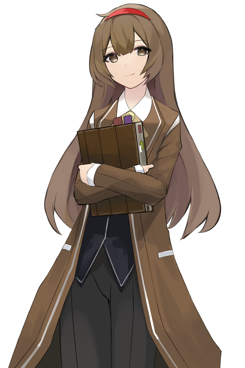 1girl ascot black_pants black_vest book brown_eyes brown_hair closed_mouth cowboy_shot hairband hakuou000 highres holding holding_book library_of_ruina long_hair long_sleeves looking_at_viewer malkuth_(project_moon) pants project_moon red_hairband shirt sidelocks simple_background smile solo vest white_background white_shirt