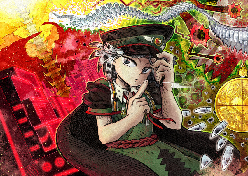 1other androgynous asymmetrical_bangs badge black_cape black_headwear blunt_bangs bullet bullet_hole cape chikafumikou cityscape clouds collared_shirt commentary_request dress finger_gun fingernails fujiwara_no_shirogane_no_sanra green_dress grey_eyes grey_hair hand_on_headwear hat highres len'en looking_at_viewer military_hat military_uniform necktie open_mouth pagoda parted_bangs partial_commentary red_background red_necktie red_sash sash shell_casing shirt short_sleeves shoulder_pads the_iron_of_yin_and_yang uniform upper_body white_shirt yellow_background