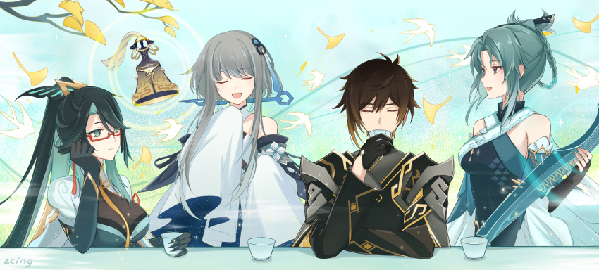 1boy 3girls absurdres armor artist_name bare_shoulders bell bird black_gloves black_hair breasts brown_hair china_dress chinese_clothes chinese_commentary chinese_hairpin cloud_retainer_(genshin_impact) cup detached_sleeves dress drinking genshin_impact ginkgo_leaf ginkgo_tree gloves gradient_hair green_eyes grey_hair guizhong_(genshin_impact) guzheng hair_between_eyes hair_ornament halter_leotard halterneck high_ponytail highres instrument large_breasts leaf leotard long_hair long_sleeves madame_ping_(genshin_impact) multicolored_hair multiple_girls music official_alternate_costume open_mouth playing_instrument semi-rimless_eyewear short_hair_with_long_locks shoulder_armor sidelocks sky sleeves_past_fingers sleeves_past_wrists smile tassel tassel_hair_ornament teacup upper_body white_dress wide_sleeves zcing zhongli_(genshin_impact)