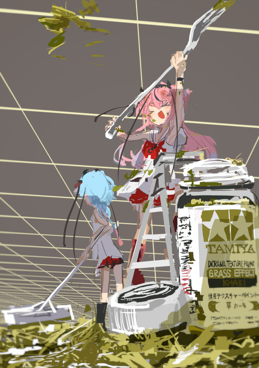 &gt;_&lt; 2others absurdres arm_up armpits black_hair blue_hair bow bowtie braid braided_ponytail broom cleaning commentary dirty dirty_clothes dress facing_away fork gold grid gynoid_talk highres hikimayu holding holding_broom holding_fork horns jar kabuyama_kaigi ladder long_hair meika_hime meika_mikoto mini_person minigirl multicolored_hair multiple_others on_ladder open_mouth pink_hair product_placement red_bow red_bowtie red_skirt sailor_collar skirt sleeveless sleeveless_dress smile standing streaked_hair sweeping tamiya_incorporated two-handed v-shaped_eyebrows vocaloid white_dress white_sailor_collar