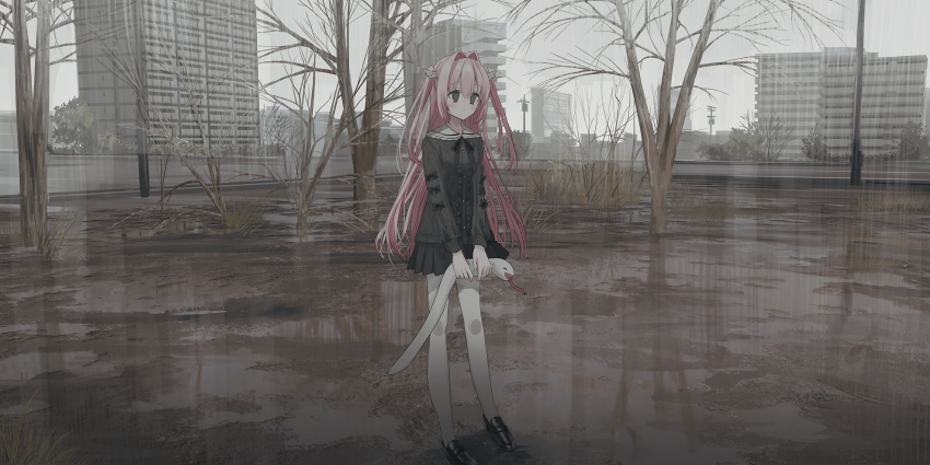 1girl bare_tree black_bow black_footwear black_shirt black_skirt blush bow building chihuri closed_mouth hair_between_eyes hair_intakes highres holding holding_stuffed_toy loafers long_hair long_sleeves nea_(chihuri) original outdoors overcast pantyhose pink_hair pleated_skirt shirt shoes skirt sky solo stuffed_animal stuffed_snake stuffed_toy tree two_side_up very_long_hair violet_eyes white_pantyhose wing_hair_ornament