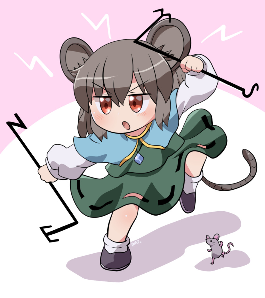 1girl animal_ears blush dowsing_rod grey_hair highres holding mouse_ears mouse_tail nazrin open_mouth red_eyes rokugou_daisuke short_hair solo tail touhou