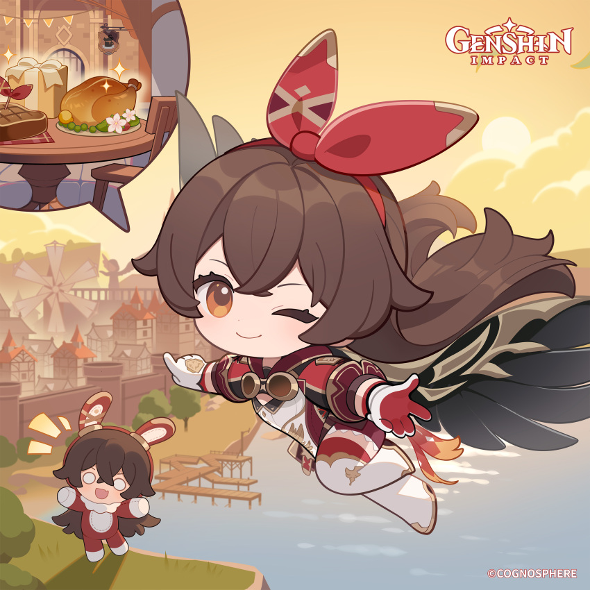1girl absurdres amber_(genshin_impact) baron_bunny_(genshin_impact) boots brown_eyes brown_hair brown_shorts building chibi city closed_mouth clouds copyright_name crossed_bangs day dot_nose floating flying genshin_impact gloves goggles goggles_around_neck hair_between_eyes hair_ribbon highres light_smile long_hair looking_at_viewer official_art one_eye_closed outdoors pointing reaching reaching_towards_viewer red_gloves red_ribbon ribbon short_shorts shorts shrug_(clothing) spoken_food sun thigh-highs thigh_boots tree two-tone_gloves water white_gloves white_thighhighs wings