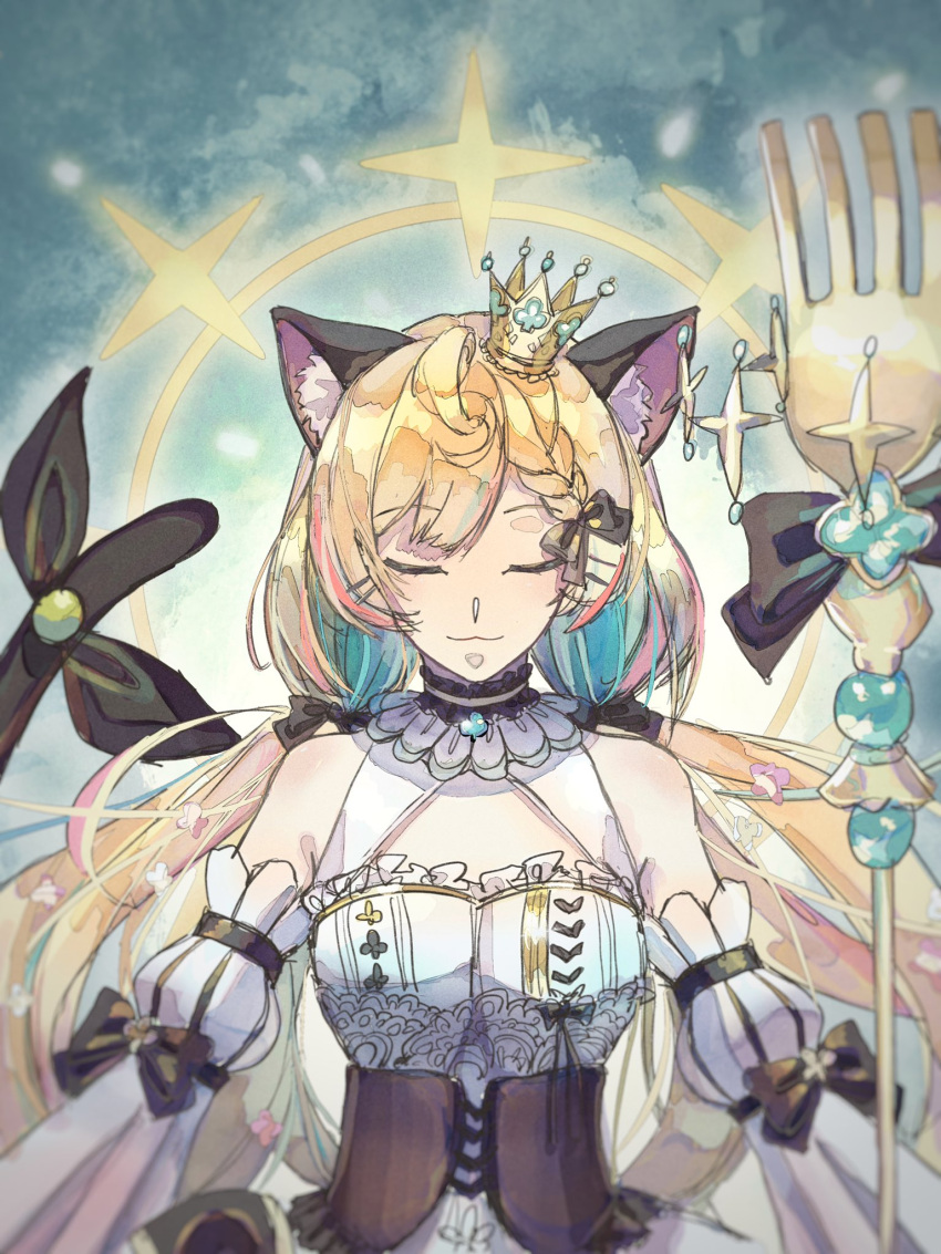 1girl animal_ear_fluff animal_ears black_bow black_corset blush bow breasts cat_ears cat_girl cat_tail cleavage_cutout closed_eyes clothing_cutout commentary corset crown detached_sleeves fiiiishhhhhhhhh fork glowing hair_bow highres long_hair millie_parfait millie_parfait_(2nd_costume) nijisanji nijisanji_en official_alternate_costume oversized_object small_breasts smile solo straight-on symbol-only_commentary tail very_long_hair virtual_youtuber