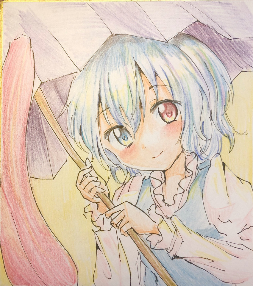 blue_eyes blue_vest collar collared_shirt heterochromia highres holding holding_umbrella light_smile long_sleeves looking_at_viewer medium_hair mismatched_pupils oil-paper_umbrella orya_422 red_eyes shirt smile tongue touhou umbrella vest white_shirt