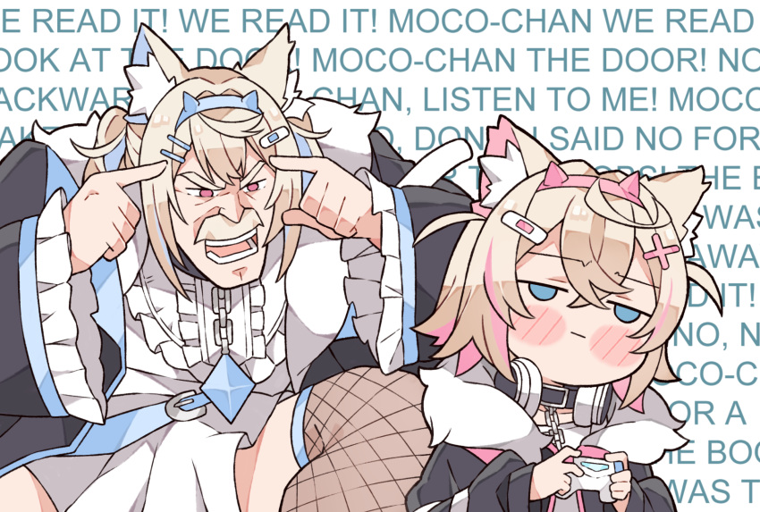 2girls :| animal_collar animal_ears bandaid_hair_ornament black_choker black_collar black_jacket blonde_hair blue_eyes blue_hair blue_hairband blush chain chibi choker closed_mouth collar commentary controller crossed_bangs dog_ears dog_girl double-parted_bangs dress english_commentary english_text fake_horns fingers_to_head frilled_sleeves frills frown fur-trimmed_jacket fur_trim fuwawa_abyssgard game_controller hair_between_eyes hair_ornament hairband hairclip headphones headphones_around_neck highres holding holding_controller holding_game_controller hololive hololive_english horns invincible_(series) jacket kukie-nyan long_sleeves meme mococo_abyssgard multicolored_hair multiple_girls open_clothes open_jacket open_mouth pink_eyes pink_hair pink_hairband puffy_long_sleeves puffy_sleeves shirt streaked_hair text_background think_mark_think!_(meme) twintails virtual_youtuber white_dress white_shirt x_hair_ornament