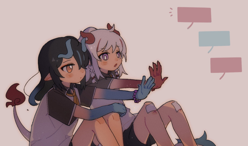 2girls ahoge arknights black_hair black_shorts blank_speech_bubble blue_hair blush_stickers brown_eyes closed_mouth collared_shirt dragon_girl dragon_horns dragon_tail dusk_(arknights) feet_out_of_frame flame-tipped_tail grey_background grey_hair hair_over_one_eye highres horns knees_up multicolored_hair multiple_girls nian_(arknights) notice_lines outstretched_arm parted_lips pointy_ears ponytail redhead scrape shirt short_shorts short_sleeves shorts sifeizui simple_background speech_bubble streaked_hair tail violet_eyes white_shirt