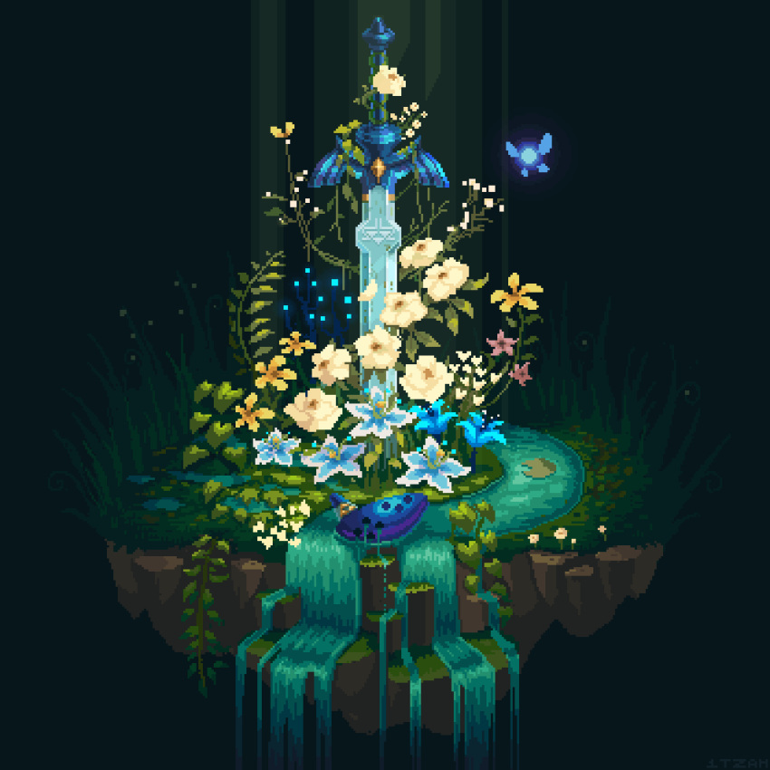 animated animated_gif blue_flower fairy floating_island flower grass highres instrument itzah lily_pad master_sword navi no_humans ocarina petals pixel_art plant planted planted_sword scenery silent_princess sword the_legend_of_zelda the_legend_of_zelda:_ocarina_of_time vines water waterfall weapon white_flower yellow_flower