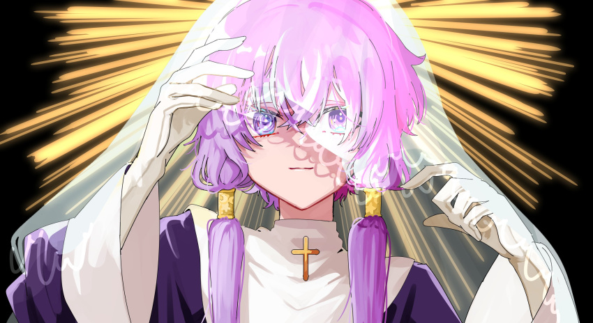 1girl alternate_costume arm_up black_background capelet closed_mouth commentary_request cross gloves hair_tubes hand_up highres latin_cross light_smile long_sleeves looking_at_viewer nun onion_jounouchi portrait purple_hair purple_robe robe short_hair_with_long_locks solo straight-on veil veil_lift violet_eyes vocaloid voiceroid white_capelet white_gloves wide_sleeves yuzuki_yukari
