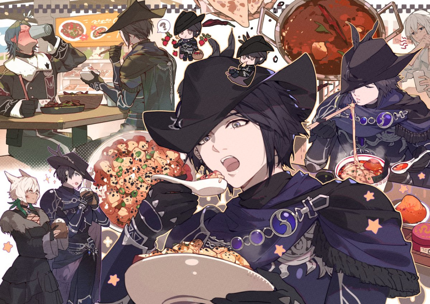 2boys 2girls ? androgynous armor black_cape black_gloves black_hair black_headwear blush bowl brooch cape chibi chibi_inset chopsticks closed_eyes commentary cup curry drinking eating english_commentary final_fantasy final_fantasy_xiv food fringe_trim full-face_blush gloves grey_eyes hat hat_feather holding holding_bowl holding_chopsticks holding_cup holding_spoon jewelry jullus_pyr_norbanus lirica multiple_boys multiple_girls multiple_views open_mouth outline pauldrons reaper_(final_fantasy) restaurant reverse_trap rice short_hair shoulder_armor single_pauldron sitting solo_focus sparkle spicy spoken_question_mark spoon standing star_(symbol) table tricorne upper_body white_background y'shtola_rhul yellow_outline zero_(ff14)