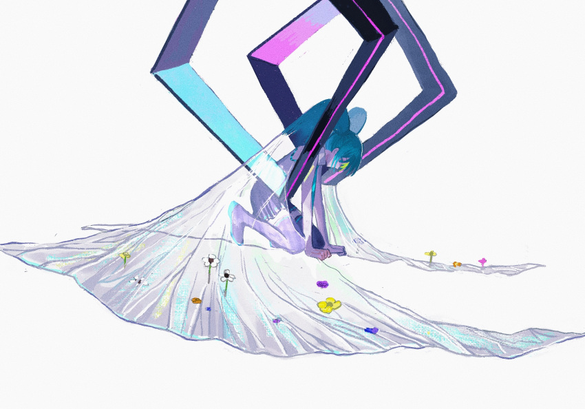 1girl absurdly_long_hair aqua_eyes aqua_hair aqua_necktie bare_arms black_footwear black_skirt boots collared_shirt flower from_side hair_flower hair_ornament hair_wings hands_on_ground hatsune_miku highres insect_wings kneeling long_hair looking_down miniskirt necktie oversized_object pink_flower pleated_skirt profile shirt simple_background skirt sleeveless sleeveless_shirt solo thigh_boots translucent_hair transparent_wings twintails very_long_hair vocaloid white_background white_flower wings yarenaota yellow_flower