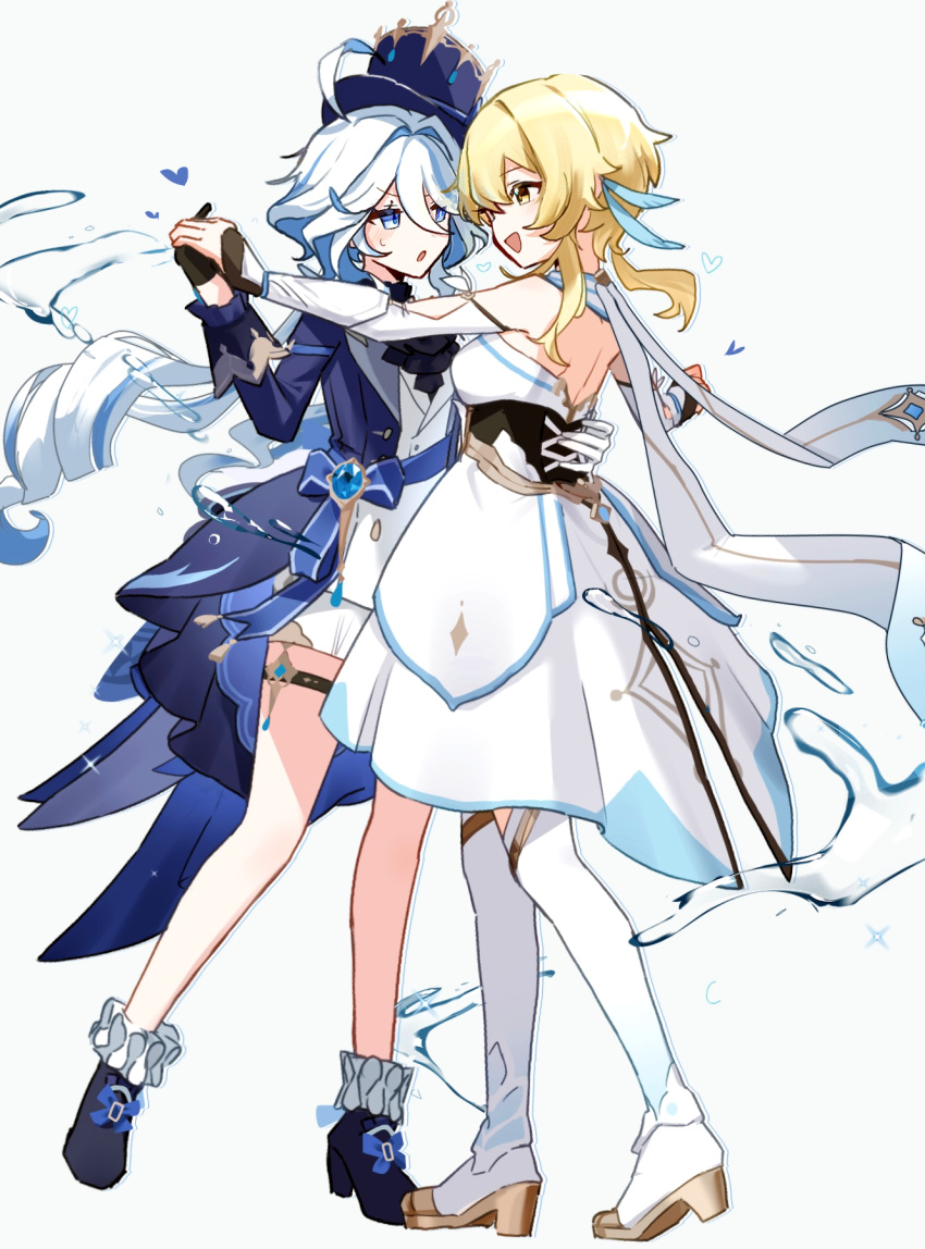 2girls ahoge ascot asymmetrical_gloves bare_shoulders black_ascot black_corset black_footwear black_gloves blonde_hair blue_bow blue_eyes blue_hair blue_headwear blue_jacket blue_sash boots bow corset dancing detached_sleeves dress feather_hair_ornament feathers footwear_bow frilled_socks frills full_body furina_(genshin_impact) genshin_impact gloves grey_background hair_intakes hair_ornament hand_on_another's_back hands_up hat heart highres holding_hands jacket light_blush long_hair long_sleeves looking_at_another lumine_(genshin_impact) mismatched_gloves mismatched_pupils multicolored_hair multiple_girls open_mouth outstretched_arms ponytail sash scarf short_hair short_hair_with_long_locks shorts shoulder_sash sidelocks simple_background sleeve_cuffs smile socks standing sweat thigh-highs thigh_strap top_hat two-tone_hair utori_(tanakautori) vest vision_(genshin_impact) water water_drop white_dress white_gloves white_hair white_scarf white_shorts white_thighhighs white_vest yellow_eyes
