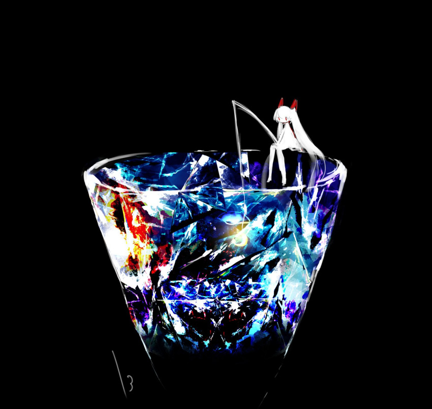 13_31n 1girl abstract black_background commentary crescent crystal cup drinking_glass fishing fishing_rod glowing hair_ornament hatsune_miku highres holding holding_fishing_rod long_hair looking_down mini_person minigirl red_eyes reflective_floor signature simple_background sitting sitting_on_object solo tumbler_glass twintails vocaloid wide_shot
