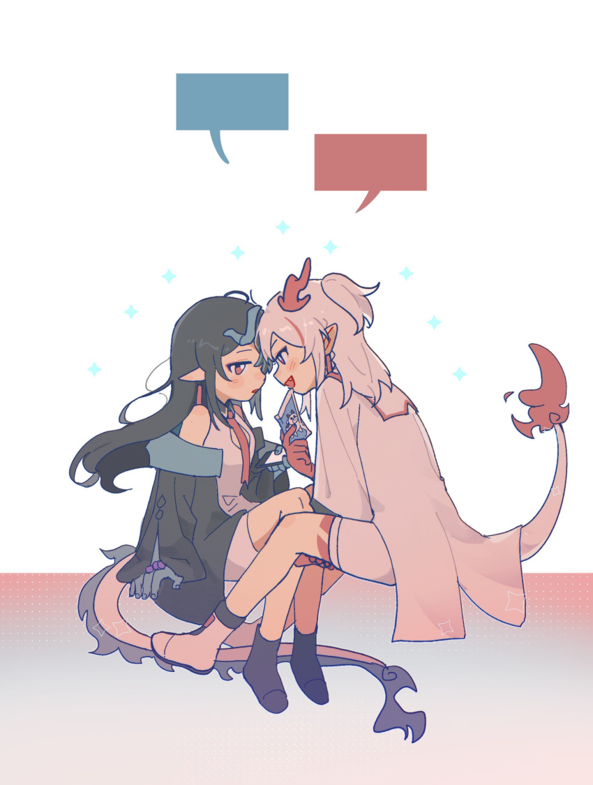 2girls :d absurdres arknights bare_shoulders black_hair black_jacket black_socks blank_speech_bubble blush_stickers boots breasts collared_dress dragon_girl dragon_horns dragon_tail dress dusk_(arknights) eye_contact fang flame-tipped_tail grey_hair highres holding horns jacket long_hair long_sleeves looking_at_another medium_breasts multicolored_hair multiple_girls necktie nian_(arknights) parted_lips pointy_ears ponytail red_eyes red_necktie sifeizui simple_background sleeveless sleeveless_dress smile socks speech_bubble streaked_hair tail very_long_hair violet_eyes white_background white_dress white_footwear white_jacket wide_sleeves