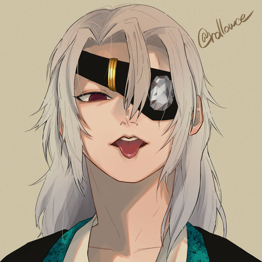 1boy :p brown_background crystal eyepatch grey_hair hair_between_eyes hair_down half-closed_eyes highres japanese_clothes kimetsu_no_yaiba kimono looking_at_viewer lowce_oniku male_focus medium_hair messy_hair official_alternate_costume one_eye_covered open_mouth portrait red_eyes simple_background solo spoilers tongue tongue_out twitter_username uzui_tengen