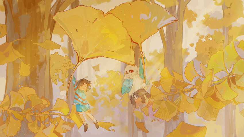 1boy 1other absurdres akakagami arm_at_side arm_up autumn autumn_leaves black_shorts blue_jacket blue_shorts blue_sweater branch brown_footwear brown_hair day facing_to_the_side floating floating_hair forest frisk_(undertale) ginkgo_leaf hand_in_pocket highres holding holding_leash jacket leaf leash long_sleeves looking_at_another looking_to_the_side mini_person nature open_clothes open_jacket outdoors sans shirt shoe_soles short_hair shorts skeleton slippers socks striped striped_sweater sweater tree turtleneck turtleneck_sweater undertale white_shirt white_socks yellow_theme