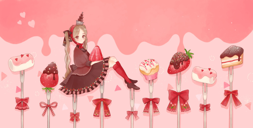 1girl blush_stickers bonnet bow brown_eyes brown_hair cake cake_slice chocolate_fondue chocolate_fountain chocolate_strawberry cupcake dress fondue food food-themed_clothes food-themed_hat food_print fork from_side fruit full_body hair_bow heart holding holding_food holding_fruit loafers long_hair long_sleeves looking_at_viewer marshmallow original oversized_food oversized_object puffy_long_sleeves puffy_sleeves shoes sitting socks solo strawberry strawberry_print very_long_hair yunoto_(conceit)