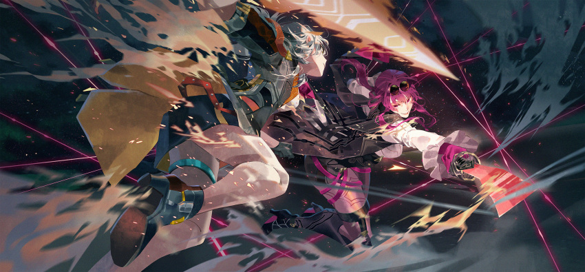 2girls attack black_footwear black_jacket black_skirt boots breasts chest_harness closed_mouth clouds collared_shirt dust english_commentary eyewear_on_head felicia_chen fighting floating_hair full_body gloves grey_hair hair_between_eyes harness high-waist_skirt highres holding holding_sword holding_weapon honkai:_star_rail honkai_(series) jacket jumping kafka_(honkai:_star_rail) katana large_breasts long_hair long_sleeves looking_at_another medium_hair multiple_girls night night_sky outdoors pantyhose purple_gloves purple_hair purple_pantyhose round_eyewear serious shirt sidelocks single_thigh_boot skirt sky smile stelle_(honkai:_star_rail) sunglasses sword thigh_boots trailblazer_(honkai:_star_rail) violet_eyes weapon white_shirt