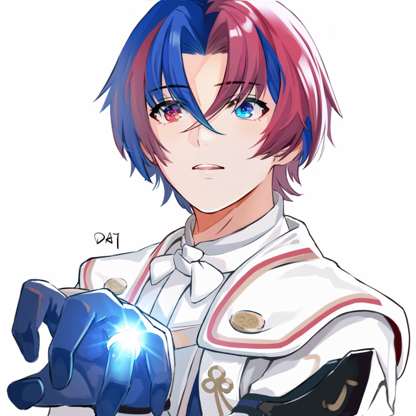 1boy alear_(fire_emblem) alear_(male)_(fire_emblem) blue_eyes blue_hair da-cart fire_emblem fire_emblem_engage gloves hair_between_eyes heterochromia highres jewelry looking_at_viewer multicolored_hair open_mouth red_eyes redhead ring short_hair solo two-tone_hair white_background
