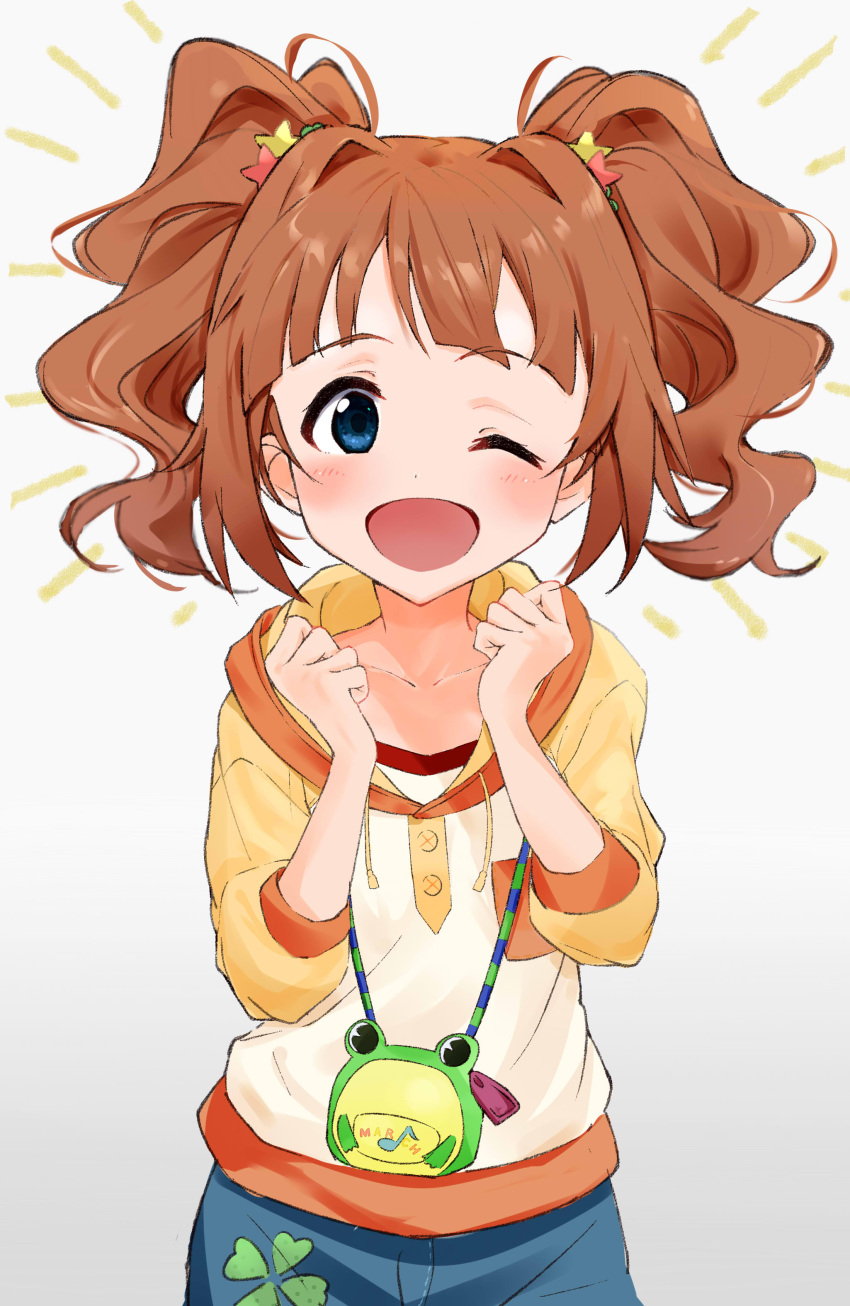1girl :d absurdres blue_eyes blunt_bangs blush brown_hair casual clenched_hands clover_print collarbone commentary cowboy_shot drill_hair hair_intakes hair_ornament hands_up highres hood hood_down hoodie idolmaster looking_at_viewer one_eye_closed open_mouth orange_hoodie simple_background smile standing star_(symbol) star_hair_ornament straight-on takatsuki_yayoi twin_drills twintails white_background zenoo