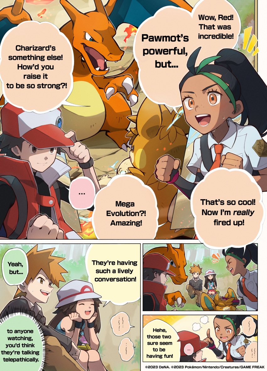 ... 2boys 2girls absurdres artist_request baseball_cap black_hair blue_oak brown_hair charizard clenched_hands closed_eyes english_commentary fangs fire hat highres leaf_(pokemon) looking_at_another multicolored_hair multiple_boys multiple_girls naranja_academy_school_uniform nemona_(pokemon) official_alternate_costume official_art open_mouth pawmot pokemon pokemon_(creature) pokemon_(game) pokemon_frlg pokemon_hgss pokemon_masters_ex pokemon_sv ponytail red_(pokemon) red_(sygna_suit)_(pokemon) school_uniform smile sweat two-tone_hair