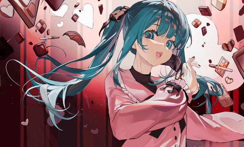 1girl aqua_eyes aqua_hair black_mask black_ribbon chocolate commentary cookie fangs food hair_ribbon hatsune_miku heart highres jirai_kei long_hair long_sleeves looking_at_viewer mask mouth_mask neonneon321 open_mouth pink_shirt removing_mask ribbon shirt smile solo teeth twintails upper_body vampire vampire_(vocaloid) vocaloid