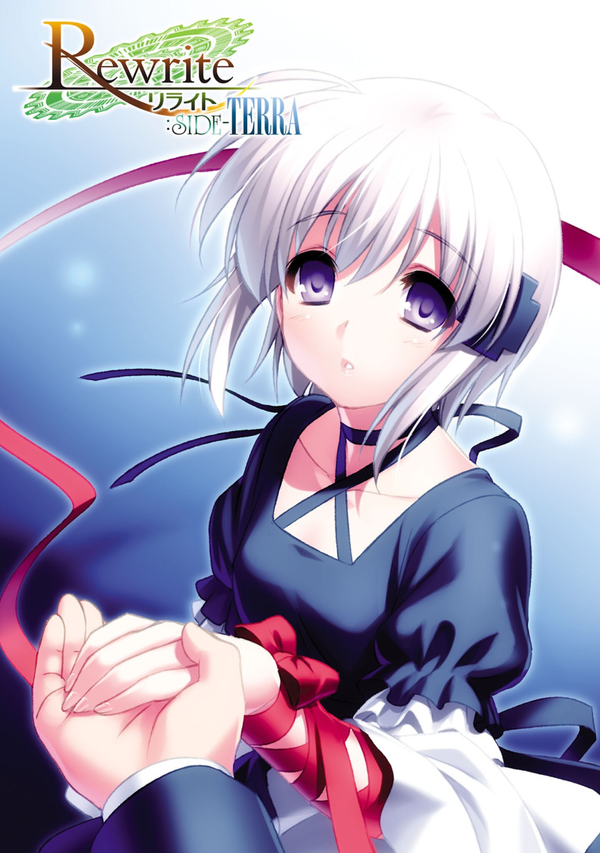 1girl 1other black_choker black_dress bow choker collarbone copyright_name criss-cross_halter dress expressionless eyelashes eyes_visible_through_hair fingernails floating_hair gradient_background grey_background grey_hair hair_between_eyes halterneck highres holding_hands juliet_sleeves kagari_(rewrite) light_blush long_ribbon long_sleeves looking_at_viewer parted_lips pov puffy_sleeves red_bow red_ribbon rewrite ribbon short_hair simple_background solo_focus third-party_source violet_eyes white_background wide_sleeves wrist_bow zen_(kamuro)