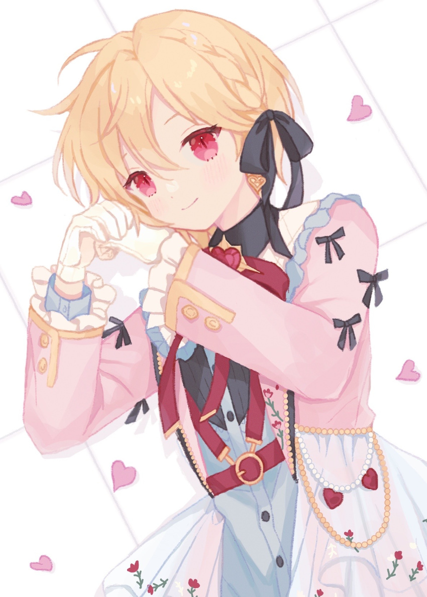 1boy androgynous beads belt blonde_hair braid brooch cross_x_mark_(ensemble_stars!) ensemble_stars! gloves hair_ribbon hands_up heart heart_brooch highres jacket jewelry long_sleeves looking_at_viewer lying male_focus neck_ribbon nito_nazuna on_back on_floor own_hands_together red_eyes ribbon rorol short_hair slit_pupils smile solo tile_floor tiles
