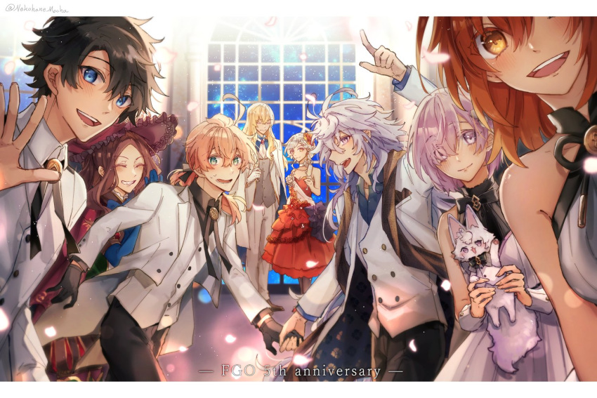 4boys 4girls ahoge animal anniversary arm_at_side arm_up ascot bare_shoulders black_bow black_bowtie black_gloves black_hair black_pants black_pantyhose black_ribbon black_scarf blonde_hair blue_bow blue_bowtie blue_eyes blue_gloves blue_shirt bow bowtie braid brown_hair chaldea_logo choker closed_eyes closed_mouth coat colored_eyelashes corsage cup dress dress_bow drinking_glass earrings elbow_gloves english_text falling_petals fate/grand_order fate_(series) flower flower_choker formal fou_(fate) frilled_dress frilled_hat frills fujimaru_ritsuka_(female) fujimaru_ritsuka_(female)_(waltz_in_the_moonlight/lostroom) fujimaru_ritsuka_(male) fujimaru_ritsuka_(male)_(waltz_in_the_moonlight/lostroom) gloves green_eyes grey_vest grin hair_flower hair_ornament hair_over_one_eye hair_ribbon hand_grab hand_up hands_up hat holding holding_animal holding_cup jacket jacket_on_shoulders jewelry kirschtaria_wodime large_bow leaning_to_the_side leonardo_da_vinci_(fate) leonardo_da_vinci_(festival_outfit)_(fate) light_blush long_hair long_sleeves looking_at_viewer mash_kyrielight merlin_(fate) multiple_boys multiple_girls neck_ribbon nekohanemocha night night_sky official_alternate_costume olga_marie_animusphere olga_marie_animusphere_(afternoon_party) open_mouth orange_dress orange_eyes orange_flower orange_hair orange_rose pants pantyhose parted_bangs petals pointing pointing_up ponytail purple_hair red_brooch red_headwear ribbon romani_archaman rose sash scarf shirt short_hair shoulder_sash single_braid sky sleeveless sleeveless_dress smile standing star_(sky) suit sweat twitter_username two-sided_coat vest violet_eyes waving white_ascot white_choker white_coat white_dress white_flower white_gloves white_hair white_jacket white_pants white_rose white_sash white_shirt white_suit white_vest window wine_glass wrist_cuffs yellow_eyes