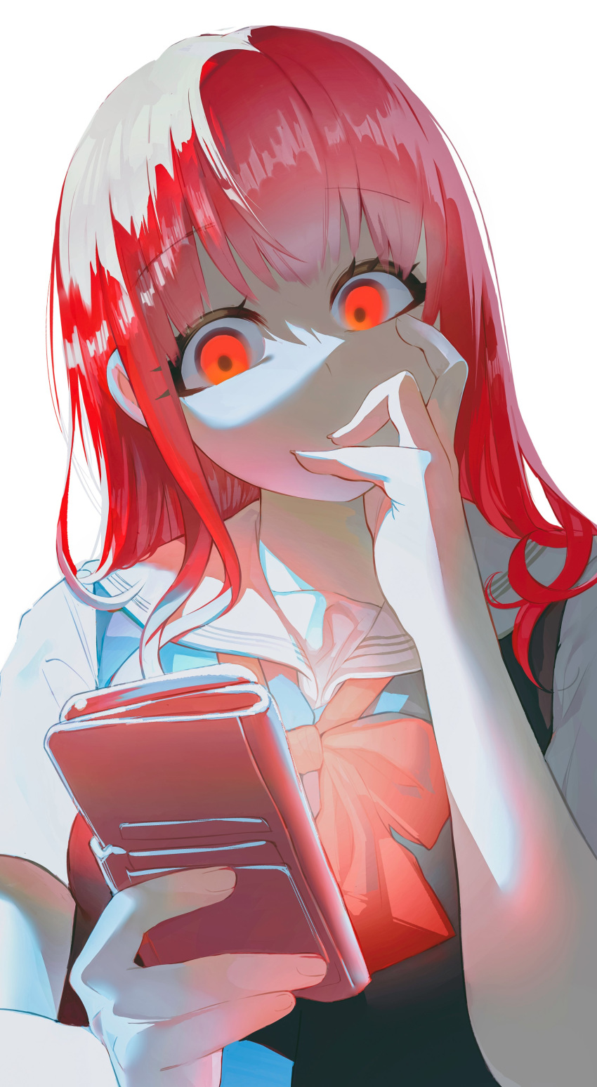 1girl absurdres breasts cellphone commentary highres holding holding_phone kanai_kanae kimi_ni_aisarete_itakatta phone red_eyes redhead school_uniform shaded_face shiori_(moechin) small_breasts smartphone smartphone_case solo upper_body