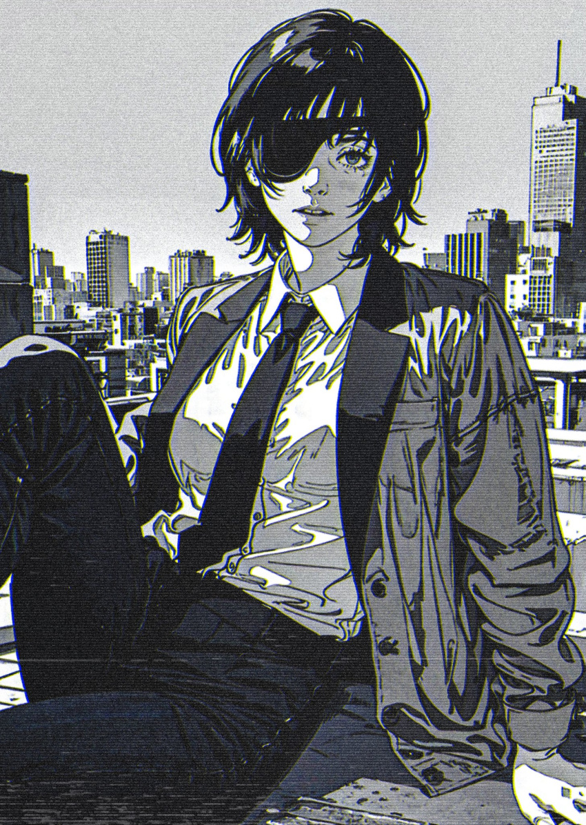 1girl black_hair black_necktie black_pants chainsaw_man city collared_shirt eyepatch greyscale highres himeno_(chainsaw_man) looking_at_viewer monochrome necktie on_roof pants scanlines shirt shirt_tucked_in short_hair sitting solo suit suit_jacket xenotrip