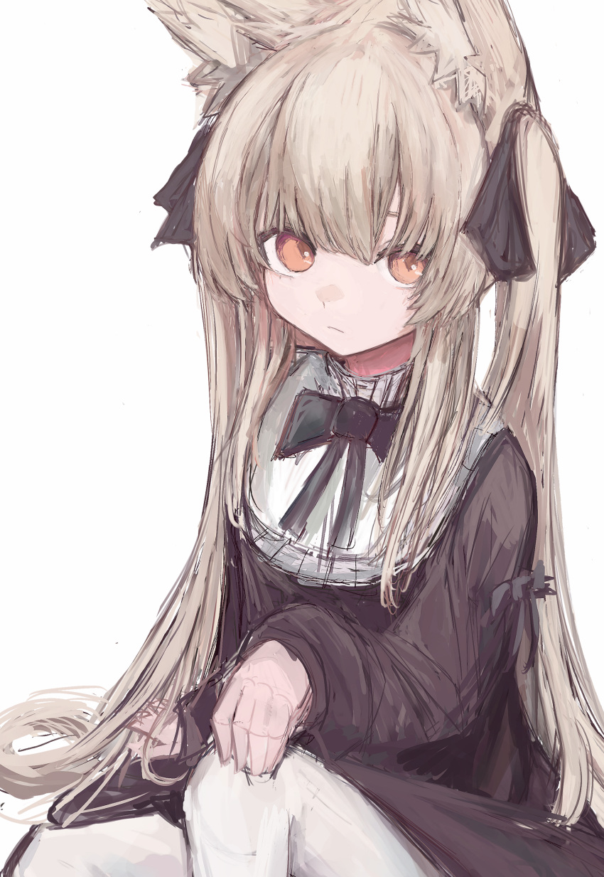 1girl absurdres animal_ear_fluff animal_ears black_bow black_dress bow brown_hair closed_mouth dress feet_out_of_frame hair_between_eyes highres long_hair long_sleeves looking_at_viewer orange_eyes original pantyhose piennamekuzi puffy_long_sleeves puffy_sleeves simple_background sketch sleeves_past_wrists solo twintails very_long_hair white_background white_pantyhose